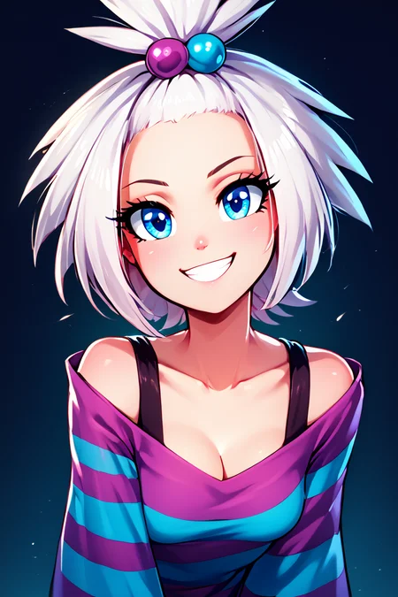 score_9, score_8_up, score_8, medium breasts, (curvy), cute, eyelashes, BREAK, , zzRoxie, blue eyes, white hair, hair bobbles, topknot, striped dress, <lora:Roxie_Pokemon_PDXL_Citron:0.8>, , BREAK, looking at viewer, smile, upper body, leaning forward, head tilt, embedding:zPDXL, Expressiveh, <lora:theButcherXPDXL:1.0>, <lora:CatalystStylePDXL:0.6>, <lora:SDXLFaeTastic2400:0.5>, <lora:Expressive_H-000001:0.4>,