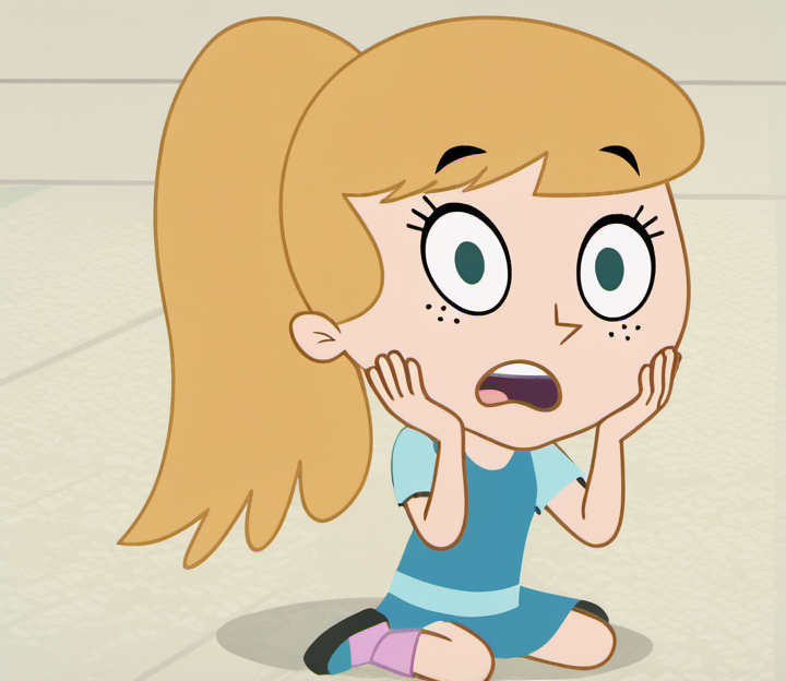 score_9, 1girl, solo, fiokvk1, blonde hair, blue eyes, ponytail, long hair, freckles, full body, shocked, looking at viewer, open mouth, hands on face, on floor, shirt, skirt, socks, shoes, style parody, <lora:fiokvk1:1>,