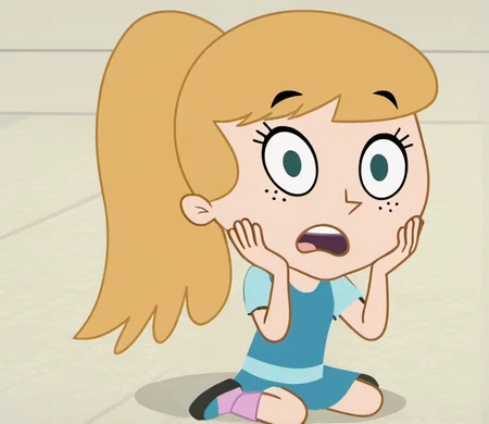 score_9, 1girl, solo, fiokvk1, blonde hair, blue eyes, ponytail, long hair, freckles, full body, shocked, looking at viewer, open mouth, hands on face, on floor, shirt, skirt, socks, shoes, style parody, <lora:fiokvk1:1>,