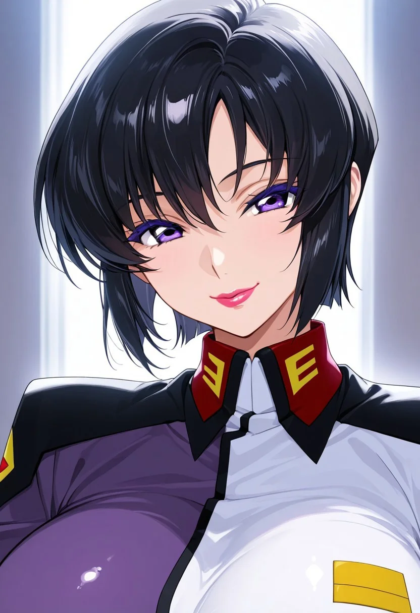 1girl, Natarle Badgiruel \(Gundam SEED\),, adult woman, masterpiece, military uniform, black hair, short hair, luscious lips, lipstick, smile, large breasts, portrait, colored eyelashes, backlighting, purple eyes, goddess, glossy skin, ,hires,best quality, very aesthetic,absurdres,score_9, score_8_up, score_7_up, score_6_up, score_5_up, score_4_up, (hyper extreme detailed), (hyper quality), game CG, (colour:1.2),(from side:0.7)