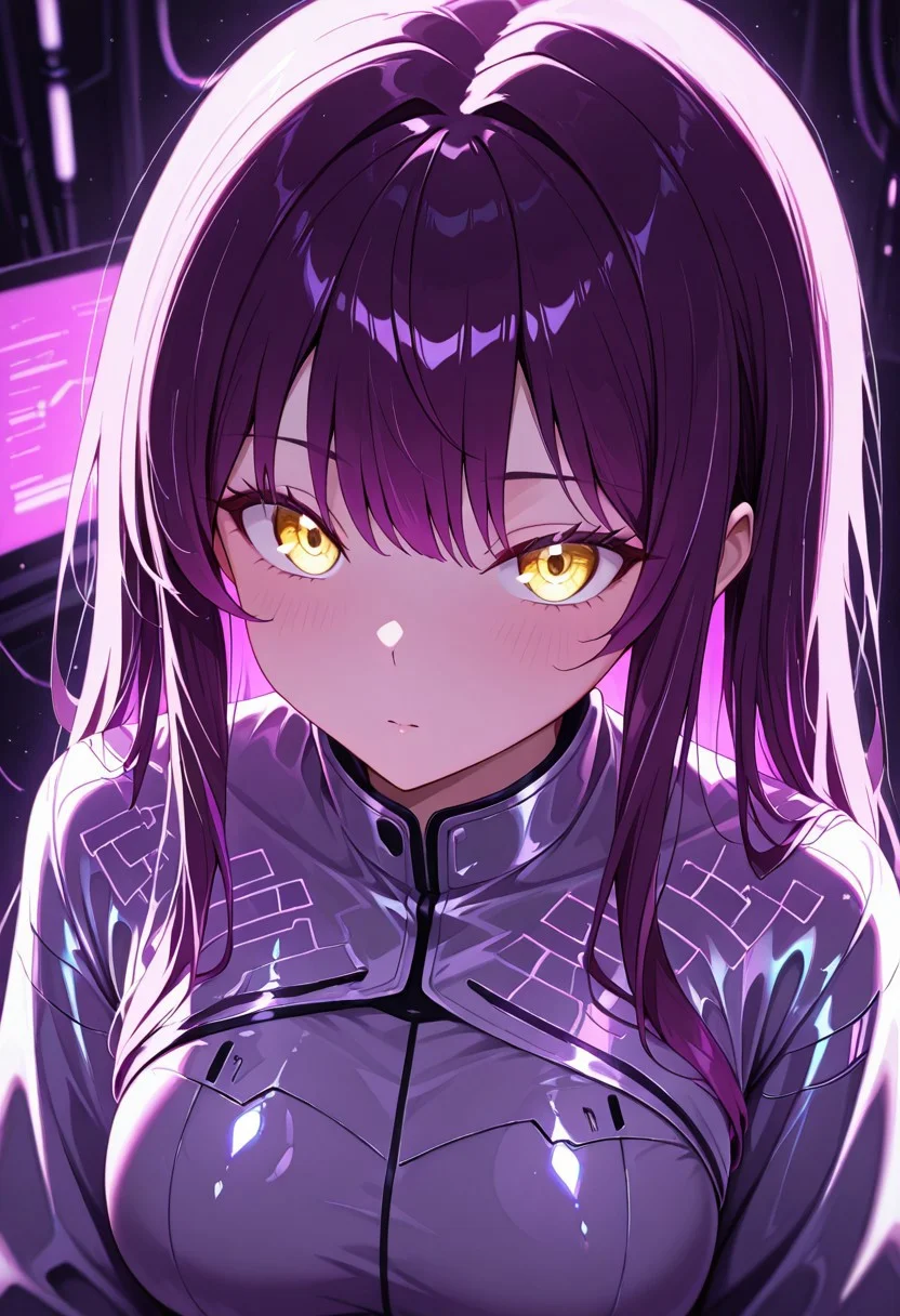 masterpiece, best quality, good quality, very aesthetic, absurdres, newest, 8K, depth of field, in the style of cknc, artist:moriimee, in the style of cksc,
1girl, short purple hair, glowing streaks, yellow eyes, medium breasts, firm, circuit-patterned robe, glossy skin, casting hologram, looking at viewer, from front
BREAK
futuristic lab, glowing screens, sparks flying
BREAK
cool tones, neon glow, high contrast, reflective surfaces, rich details, intense atmosphere