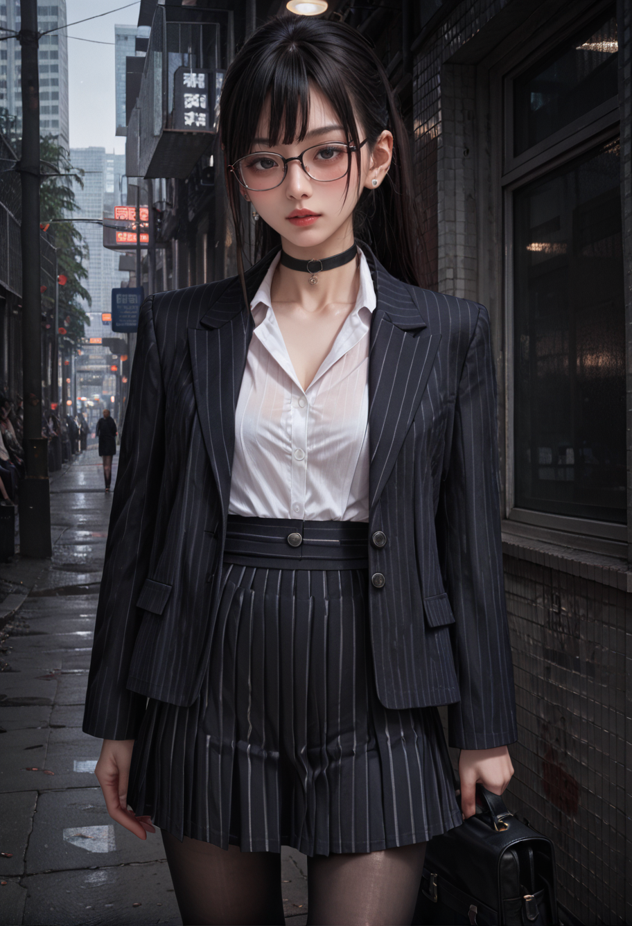 ,ruanyi0860,,ruanyi0856,striped jacket,choker,black pantyhose,striped skirt,glasses,black skirt,pinstripe pattern,<lora:0860 late night alley_v1_pony:0.8>,<lora:0856 OL professional suit skirt 1_v1_pony:0.7>, score_9,score_8_up,score_7_up,,8k,1girl,solo,,