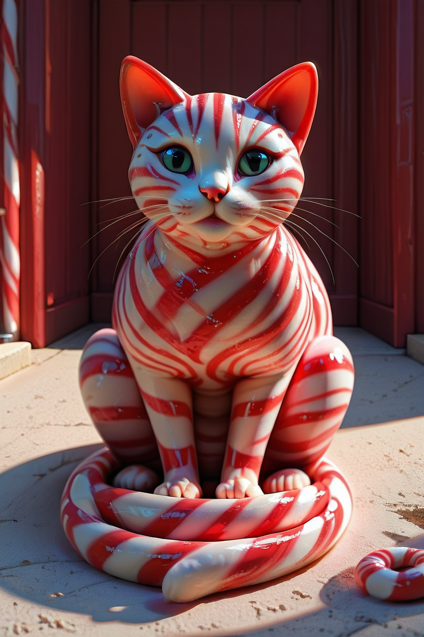 masterpiece, best quality,   CandyCaneMorph, solo, looking at viewer, no humans, shadow, animal, cat, realistic, animal focus, whiskers   ,<lora:CandyCaneMorphIXL_v1:1.0>,