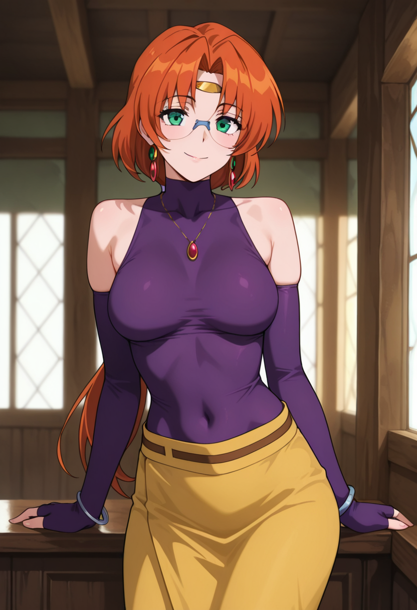 masterpiece, best quality, amazing quality, absurdres, 1girl, solo, cowboy shot, ailaww, mature female, green eyes, orange hair, long hair, low ponytail, parted bangs, glasses, rimless eyewear, medium breasts, circlet, purple turtleneck shirt, sleeveless, covered collarbone, bare shoulders, purple elbow gloves, fingerless gloves, long sleeves, covered navel, yellow long skirt, white boots, high heels, jewelry, earrings, necklace, bracelet, looking at viewer, smile, indoors, day, skindentation, detailed clothing folds, depth of field, sharp, high contrast, dynamic light <lora:Aila_Mahou_Senshi_Louie_ill_v12:0.9>