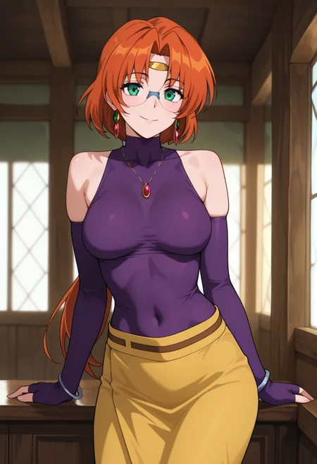 masterpiece, best quality, amazing quality, absurdres, 1girl, solo, cowboy shot, ailaww, mature female, green eyes, orange hair, long hair, low ponytail, parted bangs, glasses, rimless eyewear, medium breasts, circlet, purple turtleneck shirt, sleeveless, covered collarbone, bare shoulders, purple elbow gloves, fingerless gloves, long sleeves, covered navel, yellow long skirt, white boots, high heels, jewelry, earrings, necklace, bracelet, looking at viewer, smile, indoors, day, skindentation, detailed clothing folds, depth of field, sharp, high contrast, dynamic light <lora:Aila_Mahou_Senshi_Louie_ill_v12:0.9>