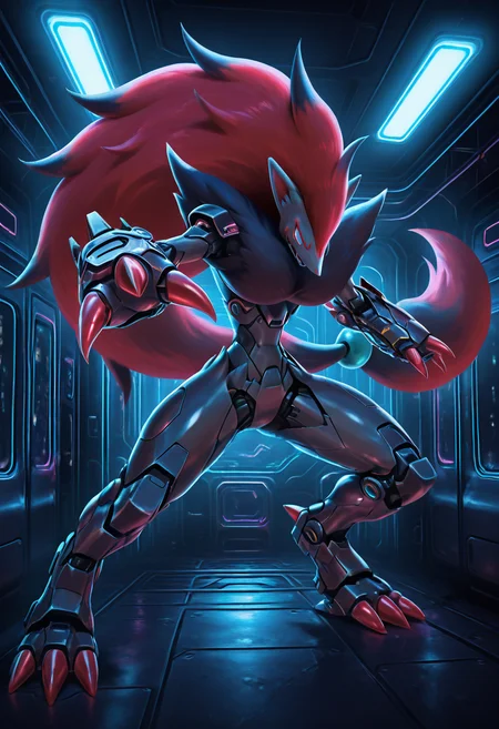 masterpiece, best quality, no humans, <lora:ZoroarkPokedex_IXL_v1:0.8>, zzZoroark, 1girl, solo, neon-highlighted bob, gravity-defying braid, armored exosuit, plasma claw gauntlets, kinetic boots, derelict starship interior, blue emergency lights. claws aimed at the approaching shape. D1sc0Pnk, mecha, <lora:DiscoPunk_IXL:0.6>, (foreshortening, incoming attack, big claw),