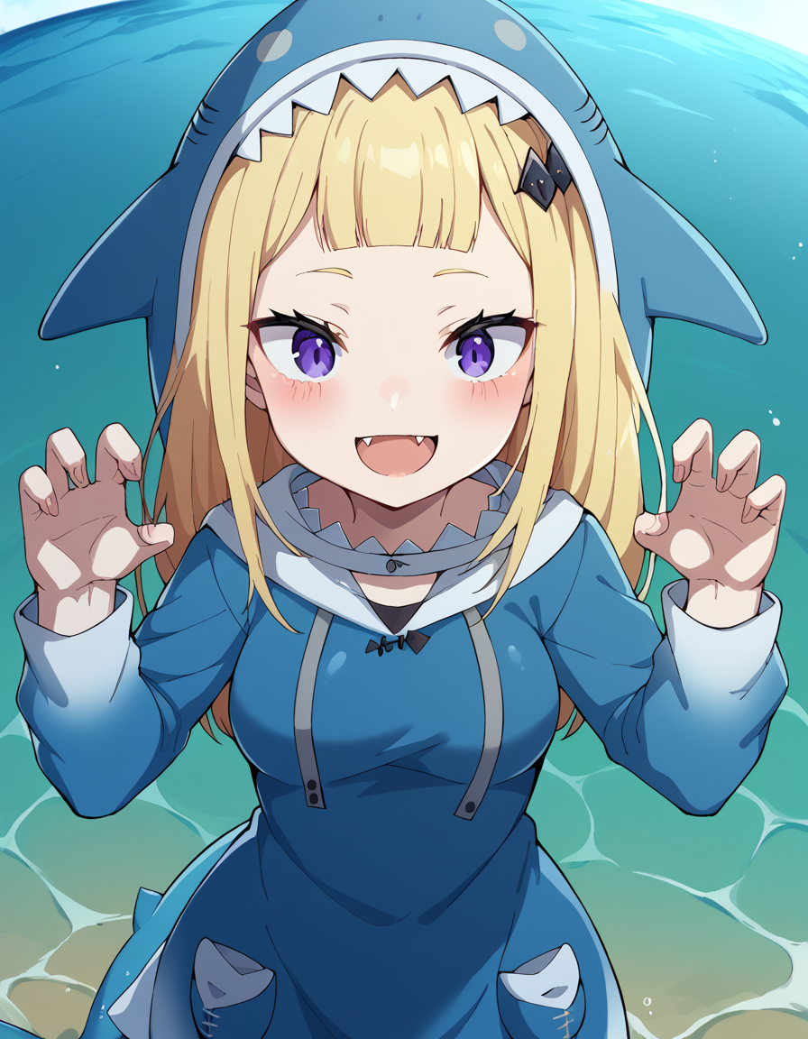 score_9, score_8_up, score_7_up, source_anime, <lora:rezero-sylphy-s3-p1-ponyxl-lora-nochekaiser:1>, sylphy, long hair, bangs, purple eyes, blonde hair, hair ornament, blunt bangs, medium breasts,, <lora:gawr-gura-cosplay-ponyxl-lora-nochekaiser:1>, gawrguracosplay, gawr gura (cosplay), shark hood, shark costume, blue hoodie, shark tail, animal hood, fish tail,, outdoors, ocean, water, submerged, smile, blush, paw pose, open mouth, fangs, sharp teeth,, , dutch angle, cowboy shot