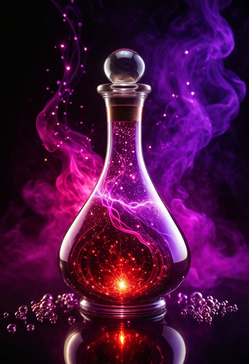 Score_9, Score_8_up, Score_7_up, Score_6_up, Score_5_up, Score_4_up, high_def, highest quality, 4k, best quality, masterpiece, no humans, object focus, focused, defined, (Photorealistic magic potion:1.3), intricate glass bottle, elixir, crimson colors, purple hues, bubbling, ethereal light, flashy lights, magic lights, luminous, dynamic reflections, magical aura, highly detailed, fantasy essence, glowing particles, radiant aura, aether