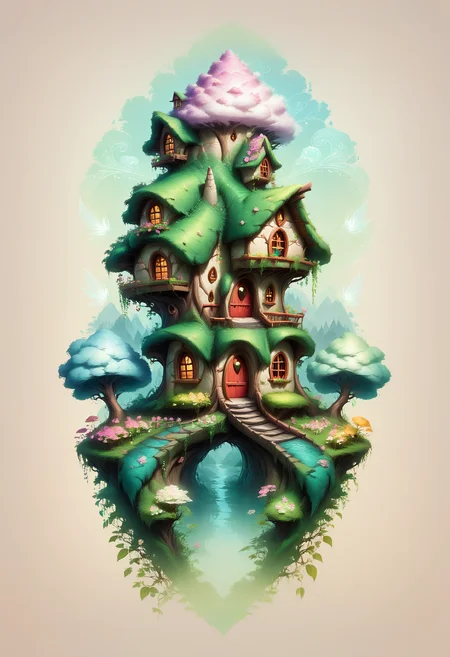 Faded Headshot, faded bottom, faded edges <lora:FadedHeadshot:1>, score_9, score_8_up, score_7_up, score_6_up, score_5_up, score_4_up, Fairy cottage house, whimsical dwelling, fantasy landscape, fairytale architecture, towering mushroom caps, intricate details, lush spring scenery, vibrant green foliage, blooming flowers, pink and white blossoms, blue sky, gentle river stream, fluffy clouds, golden sunlight, bright and airy color tones, fairy-tale illustration, magical atmosphere