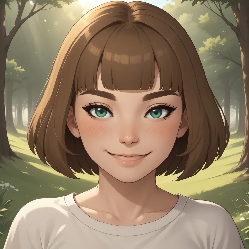 score_9, score_8, BREAK, solo, Millie_WSC, dark brown hair, short hair, blush, green eyes, sexy pose, smile, outdoors, sunlight, shadows, evening lighting, natural lighting, forest, trees, grass, orange sky, sunset
