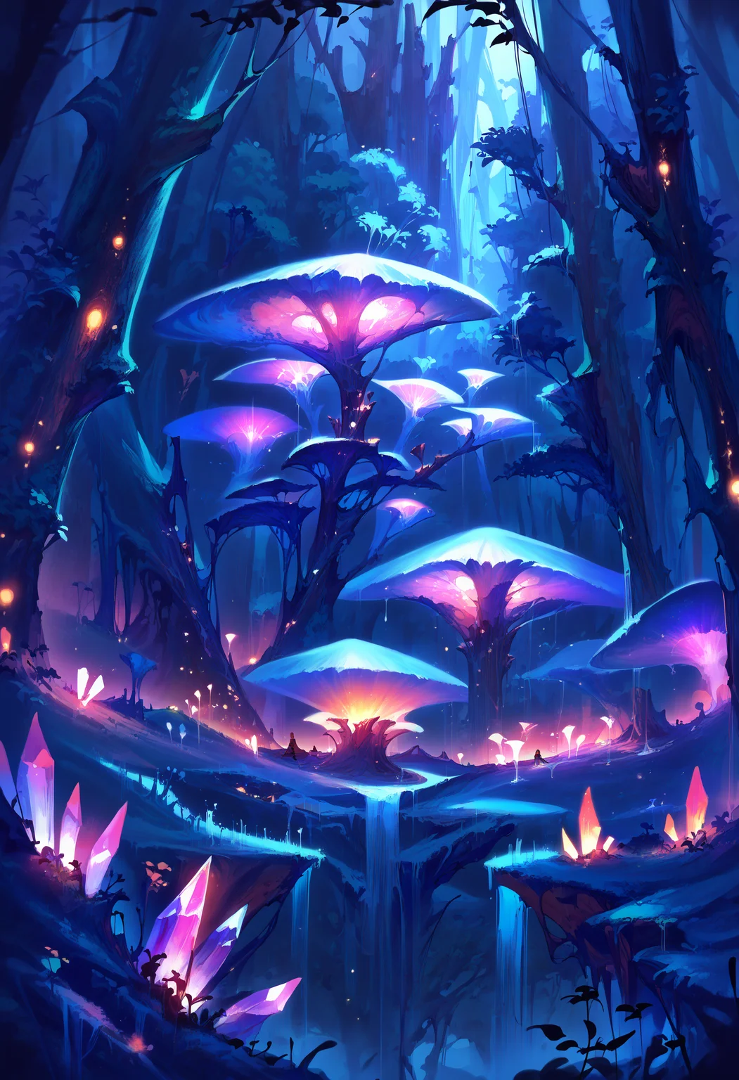 score_9, score_8_up, score_7_up, score_6_up, source anime, black background,
bioluminescence, crystal, fantasy, forest, glowing, nature, no humans, outdoors, scenery, tree, night, night sky,
masterpiece, best quality, very aesthetic, absurdres
<lora:bioluminescence_monmusu_v15:1>