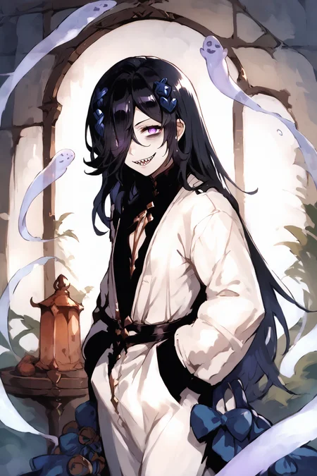 score_9, score_8_up, score_7_up, score_6_up, score_5_up, source anime, solo, 1girl, (lich \(granblue_fantasy\)), (hlich), white robe, hair over one eye, purple eye, (hands in pockets), cowboy shot, sharp teeth, smile, looking at viewer, realistic background, lounge, indoors, thin arms, narrow shoulders, petite, long hair, black hair , long hair, hair ornament, <lora:Smooth Anime 2 Style SDXL_LoRA_PonyXL Diffusion V6 XL:1> <lora:OldAnimeStyle_PonyXL_v3:0.5> <lora:Halloween_Lich_Granblue_Fantasy15:0.8> 1girl,