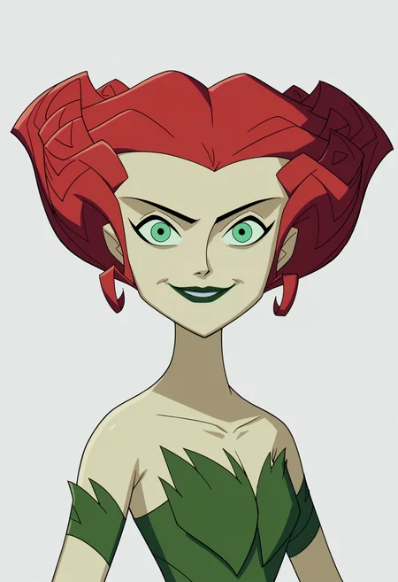 score_9, score_8_up, score_7_up, BREAK,
1girl, poisonivy, red hair, green eyes, lipstick,
strapless dress, pale green skin, bare shoulders,
upper body, evil smile,
looking at viewer, solo, looking at viewer, simple background, white background <lora:PoisonIvyPDXL_byKonan:1>