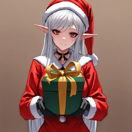 cnvsls, <lora:Canvassolaris_NOOB_EPS_V1.1:1>, elf girl, white hair, red eyes, santa costume, holding present, smile, looking at viewer, santa hat,, masterpiece, best quality, newest, absurdres, highres, very aesthetic,