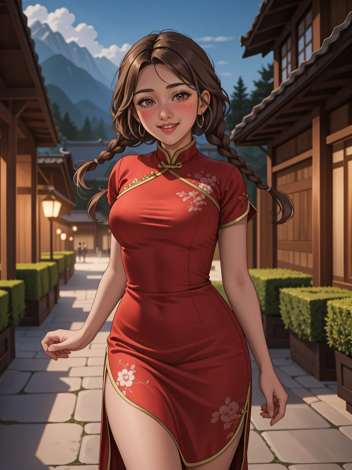 1girl, <lora:AromaStyle-V9:0.5>, brown eyes, light brown hair, twin braids, china dress, china, outdoors, village,
masterpiece, best quality, intricate detail, <lora:PAseer-SD15-LCM Quick:1> <lora:emotion_happy_slider_v1:2> <lora:backlight_slider_v10:-1> <lora:weight_slider_v2:1>