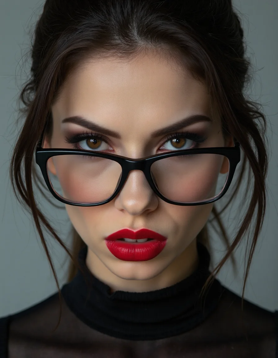 A striking portrait of a fierce woman with piercing eyes and bold, direct eye contact. She wears natural-looking brick-red lipstick and large, avant-garde glasses. The composition embodies a high-fashion editorial aesthetic, blending ethereal beauty with dramatic shadows and luxurious fashion details. The zoomed-out perspective places the subject in 30% of the frame, leaving ample negative space around her head for a modern, minimalist feel. The subtle 3D effect enhances the visual depth, creating a captivating and dynamic image.