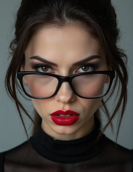 A striking portrait of a fierce woman with piercing eyes and bold, direct eye contact. She wears natural-looking brick-red lipstick and large, avant-garde glasses. The composition embodies a high-fashion editorial aesthetic, blending ethereal beauty with dramatic shadows and luxurious fashion details. The zoomed-out perspective places the subject in 30% of the frame, leaving ample negative space around her head for a modern, minimalist feel. The subtle 3D effect enhances the visual depth, creating a captivating and dynamic image.