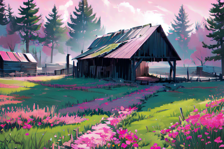 (otherworldly), highly insanely detailed, masterpiece, top quality, best quality, highres, 4k, 8k, RAW photo, (very aesthetic, beautiful and aesthetic), farm, fields, barn, fence, fantfa, <lora:FantasyFarm-10:0.8>, 
1girl, 
(plaid hair ), 
(pure pink background,transparent background),âââ