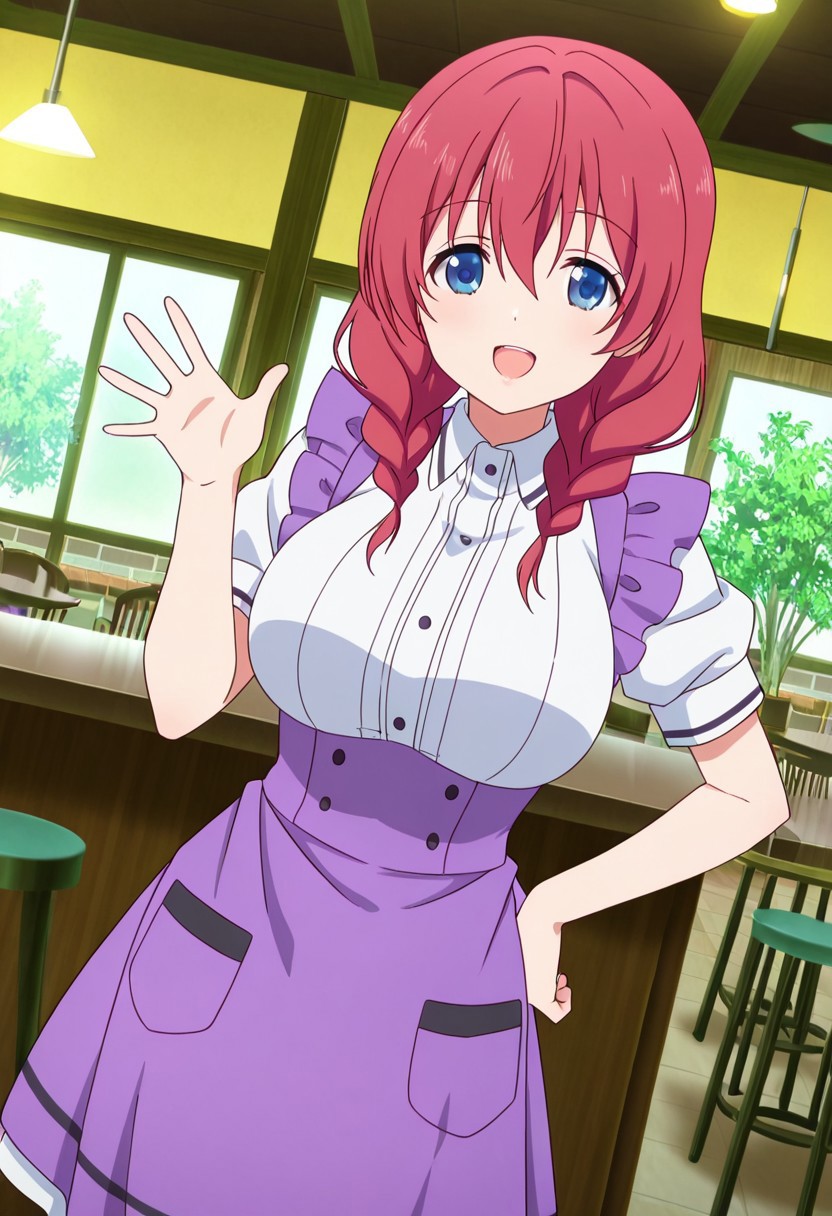 general,highres, ultra-detailed,very aesthetic,best quality ,best hands,best eyes,easynegative,
dynamic angle, dutch angle, anime cloring,anime screencap,
1girl solo,looking at viewer,Cafe,indoors, waving hand, hand on hip, smile, open mouth, 
Miu AMANO,red hair, long_hair, low twin braids, blue_eyes, huge_breasts,purple waitress costumes,