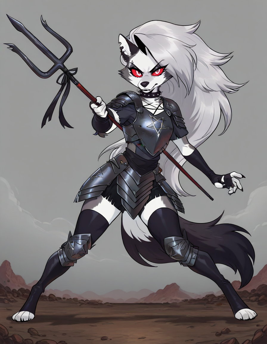 (masterpiece, best quality, ultra-detailed, absurdres, newest, detailed textures, correct anatomy:1), 1girl, <lora:Fleetway-Elson:0.25>, fleetway-elson, <lora:TSMPK-IL:0.25>, tsmpk style, <lora:n0riuma_style:0.25>, n0riuma_illu, <lora:p1ge0n666:0.25>, p1ge0n666_illu, <lora:LoonaIllustriousV1:1>, LoonaIllustriousV1Hellhound, furry female, white fur, goth, goth girl, colored sclera, red sclera, white pupil, animal ears, red eyes, piercing, collar, infernal armor, medieval, hellscape, occult, pentagram on breastplate, trident, <lora:Dynamic-Polearm-Pose-IL:1>, holding weapon, holding polearm, dpdv1.0, dynamic pose,  detailed_hands, elegant_fingers