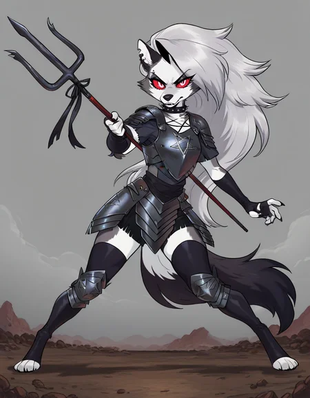 (masterpiece, best quality, ultra-detailed, absurdres, newest, detailed textures, correct anatomy:1), 1girl, <lora:Fleetway-Elson:0.25>, fleetway-elson, <lora:TSMPK-IL:0.25>, tsmpk style, <lora:n0riuma_style:0.25>, n0riuma_illu, <lora:p1ge0n666:0.25>, p1ge0n666_illu, <lora:LoonaIllustriousV1:1>, LoonaIllustriousV1Hellhound, furry female, white fur, goth, goth girl, colored sclera, red sclera, white pupil, animal ears, red eyes, piercing, collar, infernal armor, medieval, hellscape, occult, pentagram on breastplate, trident, <lora:Dynamic-Polearm-Pose-IL:1>, holding weapon, holding polearm, dpdv1.0, dynamic pose, detailed_hands, elegant_fingers