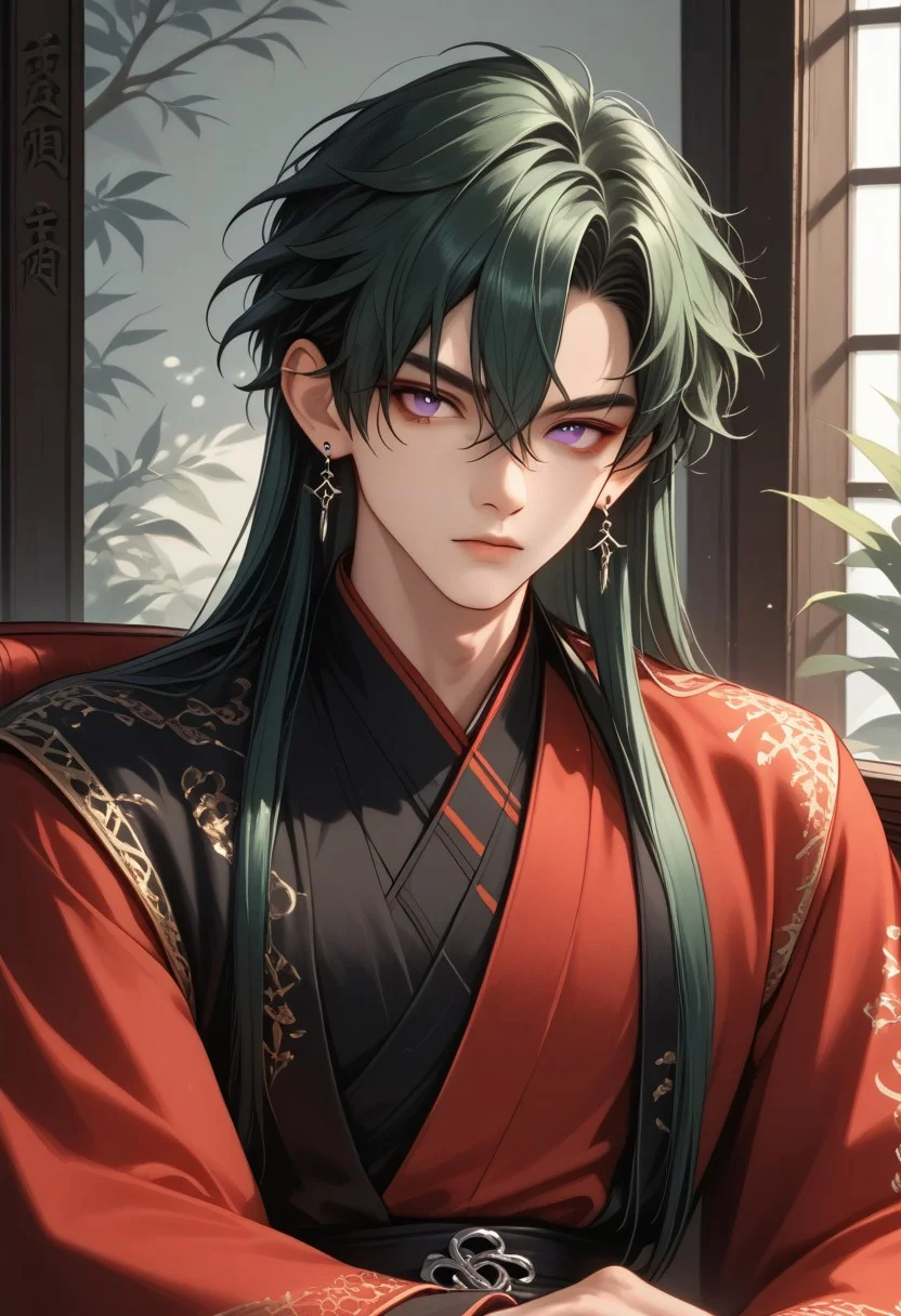 score_9, score_8_up, score_7_up, rating safe, 8k portrait, 1 boy,solo, male focus, AntherimA, purple eyes, snake eyes, dark green hair, hair between eyes, asymmetrical hair parting, light_red_eyeshadow, ((1_earstud_left_side)), 20 years old, stoic pose, chinese_clothing, Chinese throne, sitting, dynamic pose, long large red sleeves, red clothing, black bodysuit underneath, black_waistband, long flowing fabrics,layered clothing , black nail varnish, highly detailed, monochrome_background