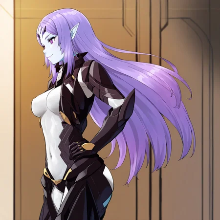 masterpiece, best quality,very aesthetic,absurdres
1girl
<lora:ETFILLUS2:1> etfillus, colored skin,white skin, pointy ears, purple eyes, long purple hair, black armor, see-through bodysuit,white bodysuit,navel,thigh cutout || ass cutout
sci-fi,indoors,cowboy shot, , upper body, motherly,smile, from side,ass,looking away,from side,metal walls,holograms <lora:MeMaV3_ill:1>