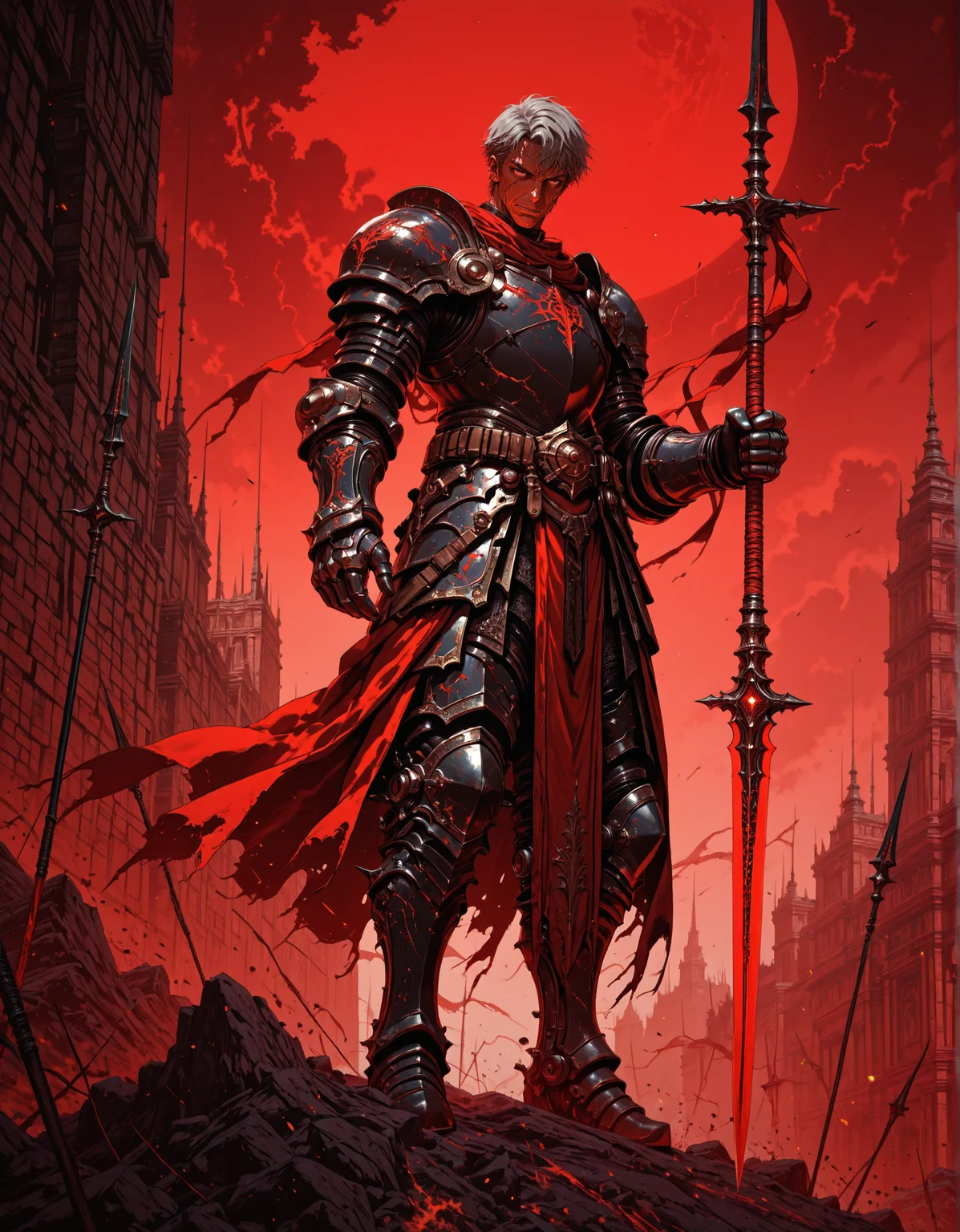 masterpiece, best quality,high quality, newest, highres,8K,HDR,absurdres, 1boy, old, short hair, solo, holding spear, gauntlets, armored, red theme <lora:iLLMythM4gicalL1nes:1> M4gicalL1nes