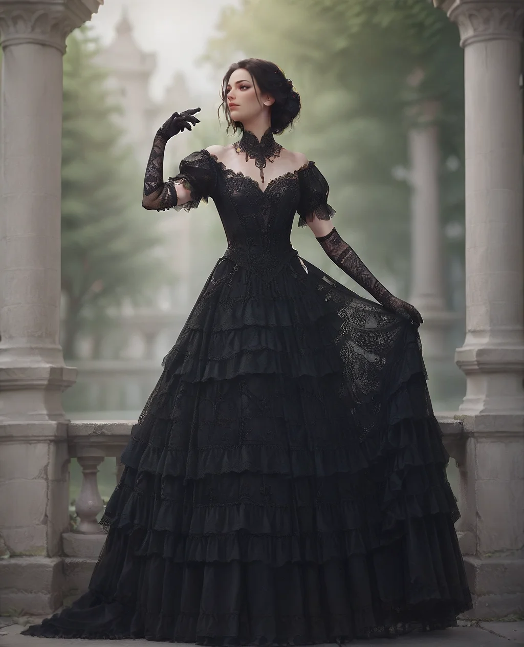 score_9. score_8_up, score_7_up, score_6_up, score_5_up, score_4_up, 1girl, c0r0n4t10n, dress, black gloves, elbow gloves, black dress, lace, <lora:c0r0n4t10nXLP:0.7>