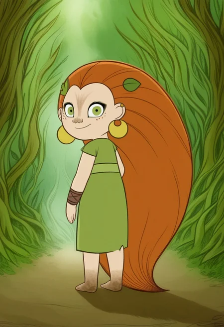 (zPDXL3), full body, solo, 1girl, best quality, 1girl, solo, mebh_human, green eyes, long hair, orange hair, earrings, barefoot, earrings, jewelry, leaf, freckles, muddy feet, looking at viewer, from behind, smile, dynamic pose, outdoors, forest, dynamic angle