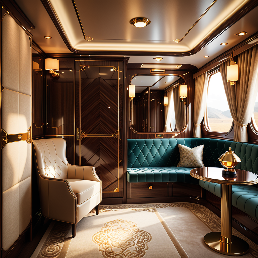 A cozy and luxurious private cabin in a premium train, designed for relaxation and comfort during long journeys. The cabin features rich wooden paneling with a glossy finish, creating a warm and inviting atmosphere. A plush seat upholstered in fine leather or velvet sits by a large window, with soft, golden light streaming in through partially drawn curtains made of heavy, textured fabric.
a vintage lamp with a brass base and a frosted glass shade, casting a soft glow. Above the seating area, a compact storage compartment holds a neatly folded blanket and a small travel bag.
The walls are adorned with subtle art deco patterns and a built-in mirror framed in polished metal. The floor is covered in a luxurious carpet with intricate designs in muted colors. Modern amenities, such as USB charging ports and a control panel for adjusting lighting and temperature, are discreetly integrated. The scene conveys a blend of timeless elegance and modern convenience, perfect for a high-end travel experience.
<lora:SDXLFaeTastic2400:0.4> <lora:extremely_detailed:0.4> extremely detailed, Masterpiece,best quality,hi res,8k,hi res,8k,award winning,(sharp focus, intricate, highly detailed),