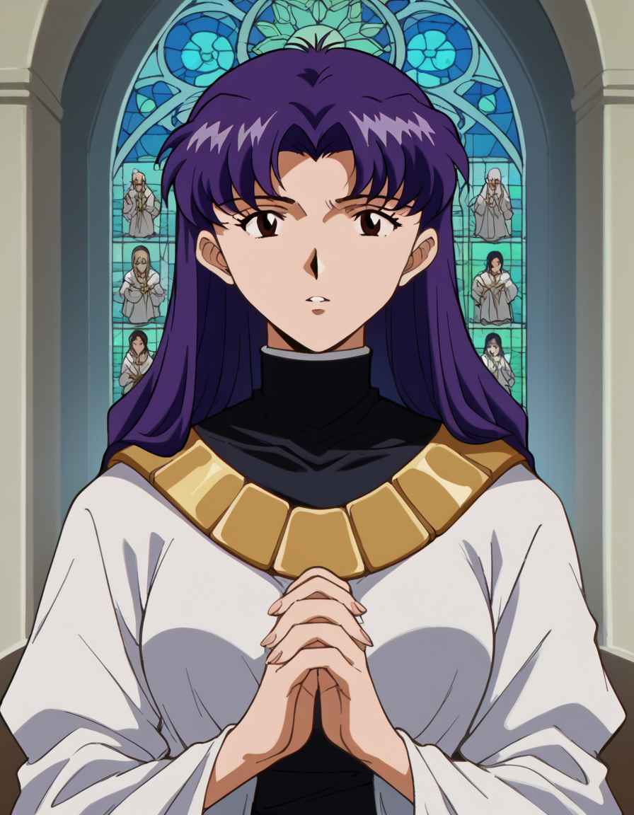 score_9, score_8_up, score_7_up, source_anime, <lora:misato-katsuragi-classic-ponyxl-lora-nochekaiser:1>, misato katsuragi, long hair, brown eyes, purple hair, parted bangs, medium breasts, <lora:buddhist-nun-ponyxl-lora-nochekaiser:1>, buddhist nun, nun, habit, vitakra mudra, mudra, coif, gold necklace, priestess,, church, parted lips, praying,, cowboy shot