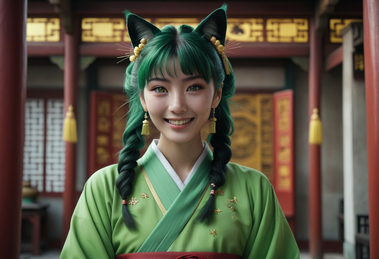 masterpiece, best quality, 8k, amazing quality, photorealistic, scinematic, Volumetric lighting, depth of field, wide angle, cinematic, realistic. 1girl, solo, <lora:Mao Mao:1> ma0ma0_default, green hair, long hair, blunt bangs, hair ornament, twintails, star eyes, freckles, hair over shoulders, multi-tied hair, half updo, chinese clothes,green hanfu, wide sleeves, long sleeves, looking at viewer, smile, animal ears, cat ears, animal ear fluff, excited, open mouth,