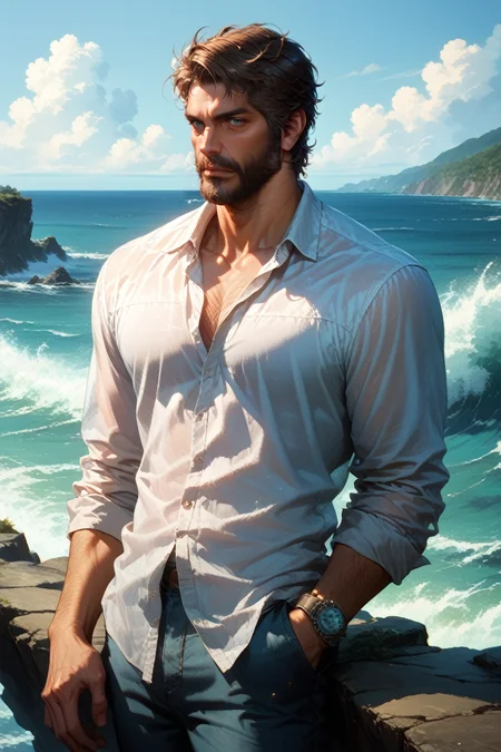 score_9, score_8_up, score_7_up, score_6_up
<lora:TLOUJoel:1.0>
TLOUJoel, 1boy, brown hair, beard, looking at viewer, standing on a cliff overlooking the ocean, wearing a flowing white linen shirt, wind blowing dramatically, powerful waves below, ethereal and majestic