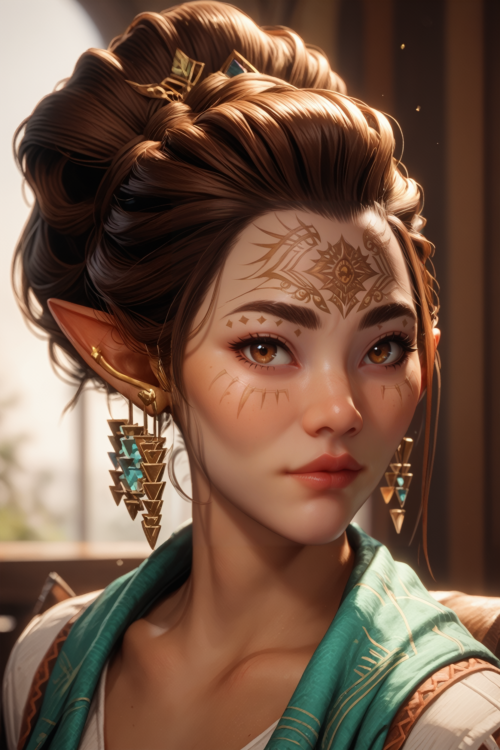 score_9, score_8_up, score_7_up, score_6_up
<lora:DVBellara:0.8>
DVBellara, 1girl, brown hair, hair updo, brown eyes, facial marks, pointy ears, earring, looking at viewer, portrait