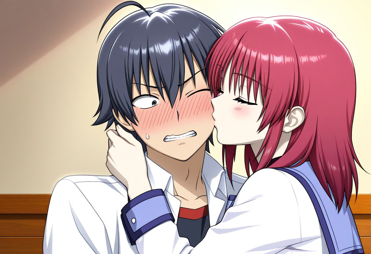 , <Hikigaya_Hachiman_-_Oregairu_(IL)_v1>masterpiece, 1girl, ChopioIwasawa, masterpiece, best quality, amazing quality,, <lora:AngelBeats_Iwasawa-v1-07:0.6>, ChopioIwasawa, Masami Iwasawa, //(Angel Beats!//), red eyes, pink-red hair, two longer locks of hair, short hair, sailor school uniform, sleeves rolled up, black wristbands, black calf-high bootsanime screencap, <lora:kissing-cheek-illustriousxl-lora-nochekaiser:1>, kissing cheek, closed eyes, hetero, couple, kiss, one eye closed, blush, straight-on,, <Hikigaya_Hachiman_-_Oregairu_(IL)_v1> 1boy, messy black hair, pale skin, dead fish eyes, embarrassed expression, blushing, looking away, shy, scowl, black school blazer, white shirt, 1boy
anime style, warm lighting, wooden stage, full body, realistic proportions, emotional contrast, expressive, detailed background, soft shading