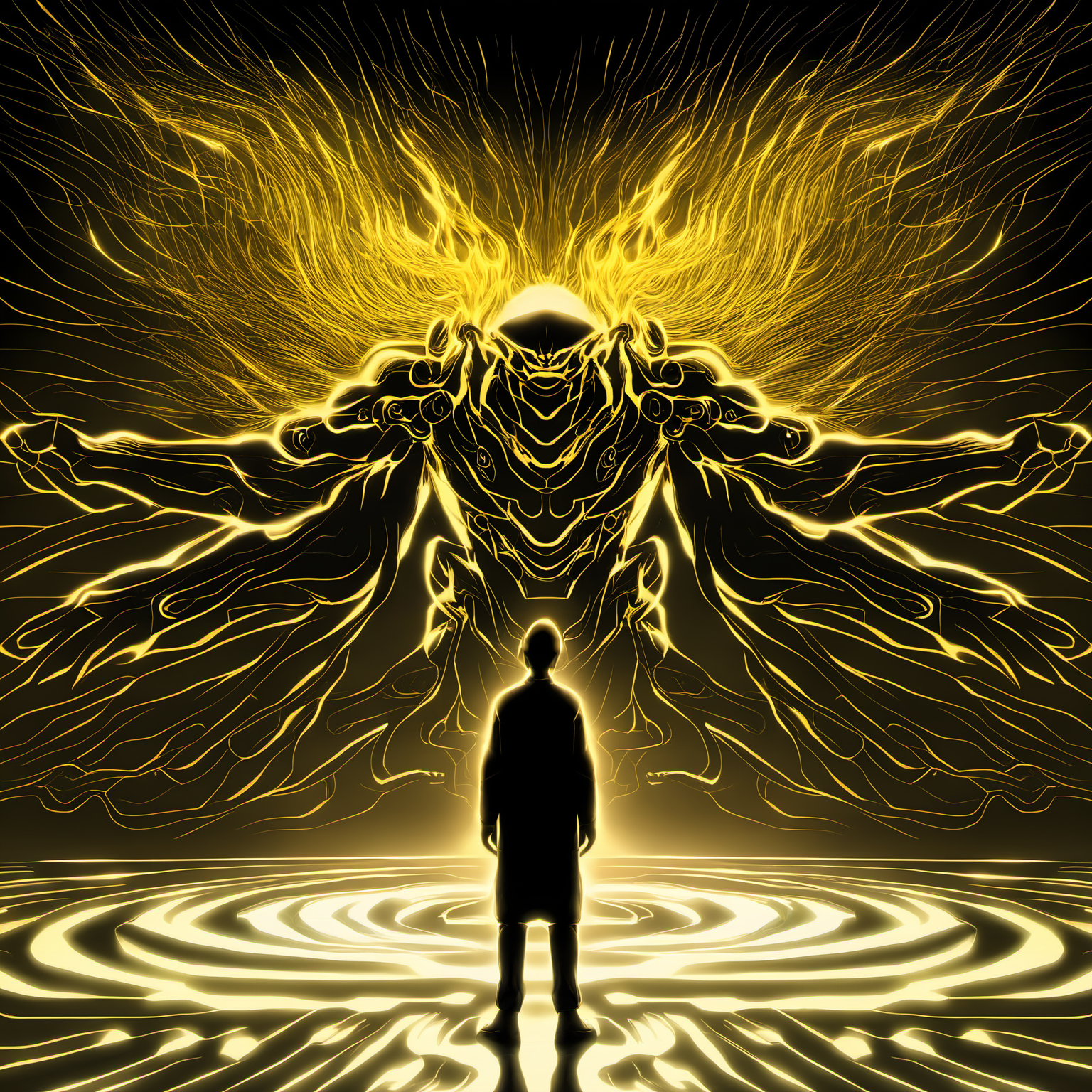 a man standing in front of a projection of immortal,halo,<lora:eastern_mythology_xl:0.7>,golden line,