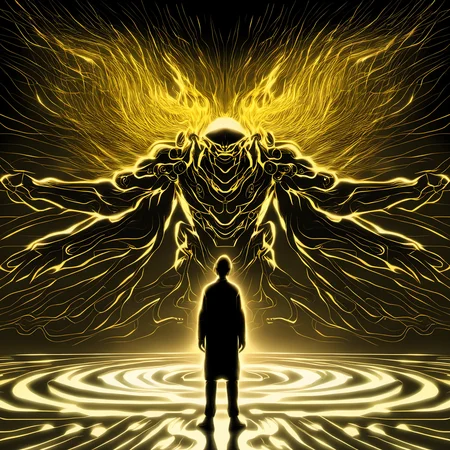 a man standing in front of a projection of immortal,halo,<lora:eastern_mythology_xl:0.7>,golden line,