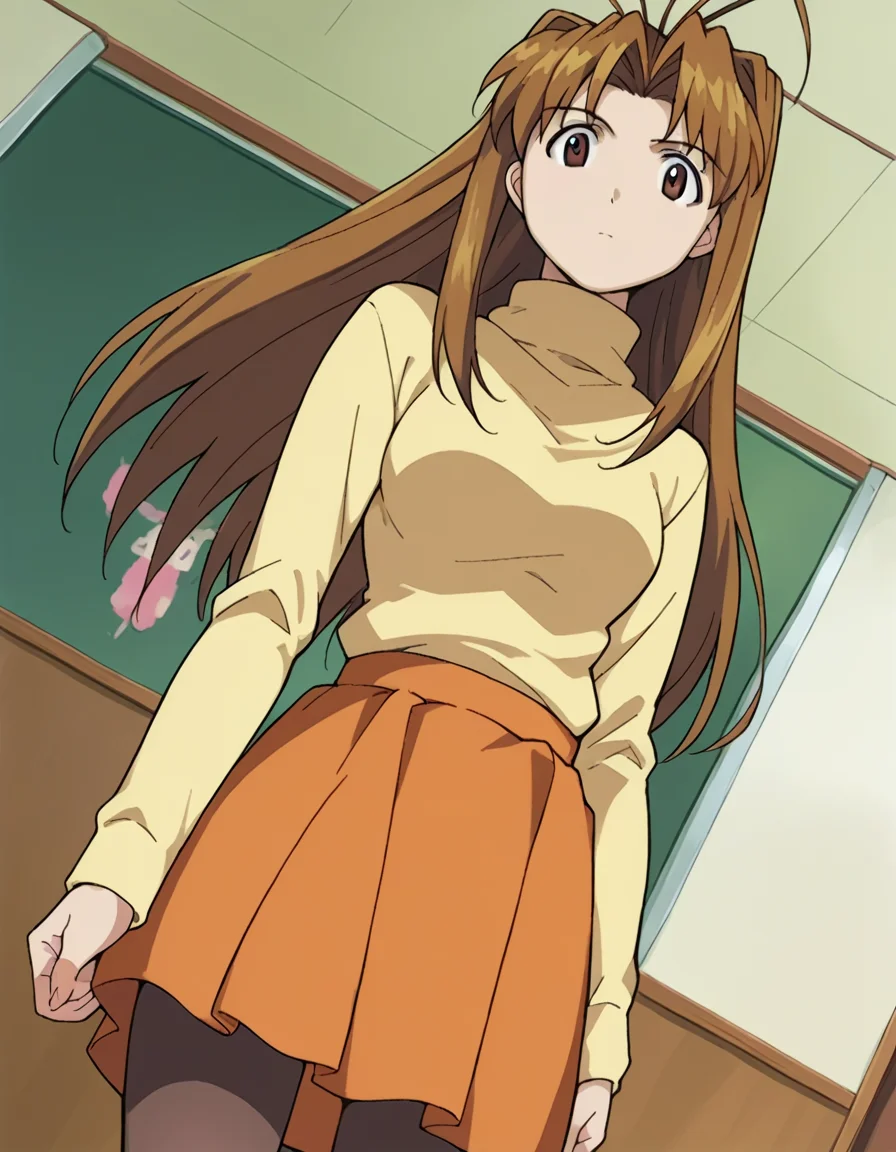 score_9, score_8_up, score_7_up, source_anime,
narunarusegawa, <lora:naru-narusegawa-ponyxl-lora-nochekaiser:1>,
naru narusegawa, long hair, brown hair, antenna hair, brown eyes,
skirt, jewelry, pantyhose, sweater, turtleneck, orange skirt,
indoors,
looking at viewer, dutch angle, cowboy shot,