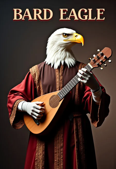 A bald eagle dressed as a medieval bard, playing a lute, the word "BARD EAGLE" appears at the top of the screen, text focus