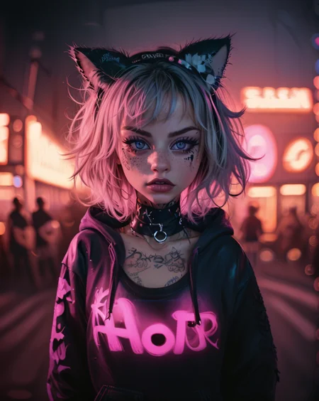 1girl, animal ears, beamed eighth notes, black nails, chained, chest tattoo, choker, full-body tattoo, hood, hood down, jewelry, looking at viewer, magic, neon lights, purple flower, solo, street_art_portrait, tattoo
<lora:Street_Art_Portrait:0.9> (street_art_portrait:1.5)
<lora:LCM_LoRA_Weights_SD15:1>