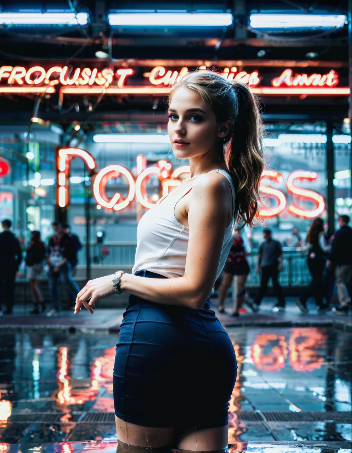 (real life, cinematic, 1girl, cute, gorgeous blonde white 18yo girl, ponytail, alluring face, sexy, makeup, (wide hips, big ass), pencil skirt), dynamic pose, score_7_up, score_8_up, score_9_up, detailed beautiful futuristic cityscape, bloom, rim lighting, <lora:Beautiful face_alpha1.0_rank4_noxattn_last:.78>, <lora:Neon_Scene:0.88> neonscene, reflection, glowing, neon light everywhere, neon lights, neon light streaks, darkness, noise offset, wet ground, light reflection, (neon sign text "NEON")