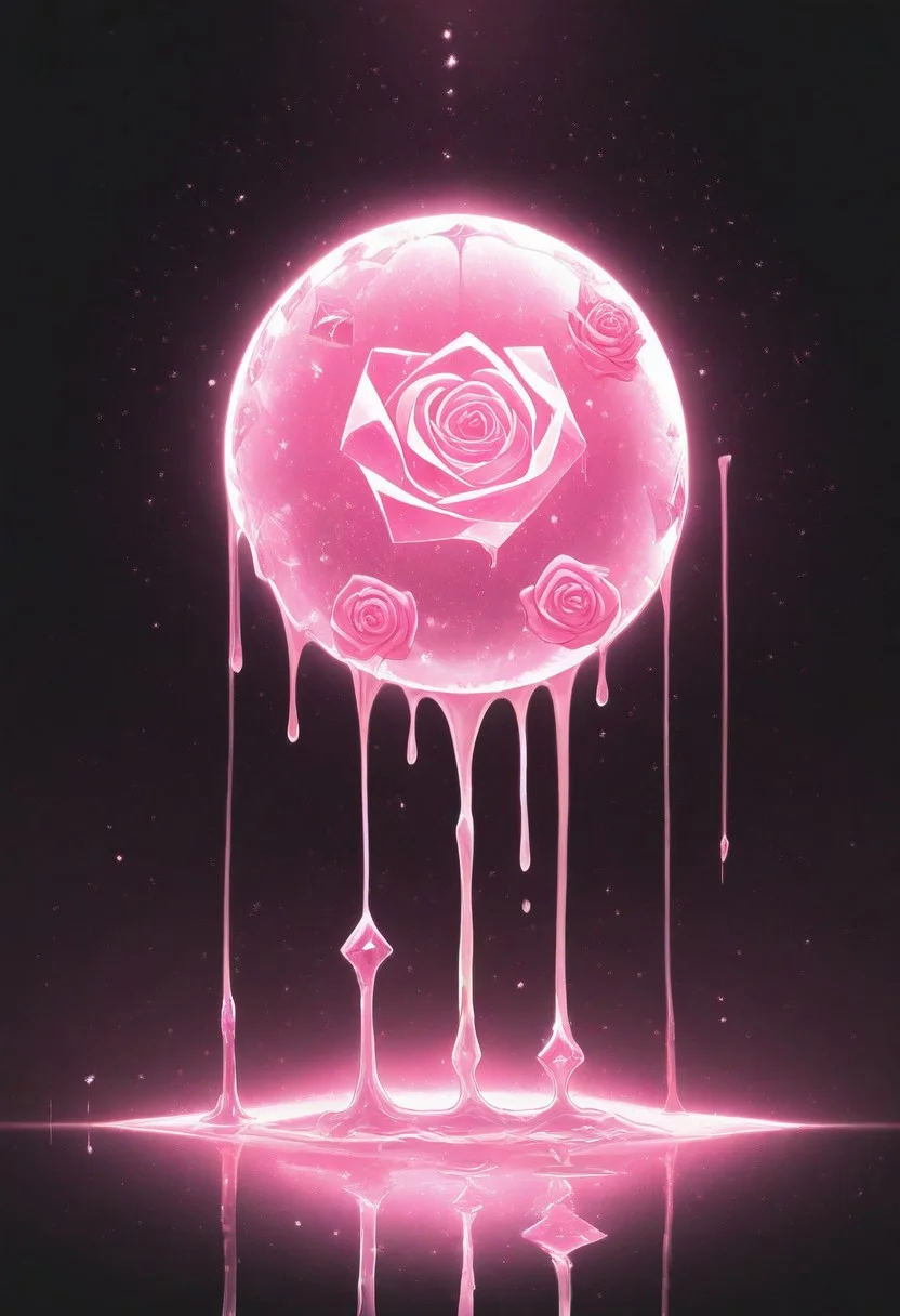 (masterpiece), best quality, Anime, Illustration, (Floating Sphere, Crystal, Magic, Reflection, Melting, Dripping, Pink Rose), Black Background, No Humans, Starry Theme, (Light Refraction), White and Pink Theme, Natural Lighting