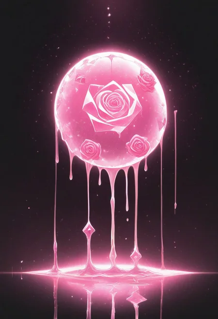 (masterpiece), best quality, Anime, Illustration, (Floating Sphere, Crystal, Magic, Reflection, Melting, Dripping, Pink Rose), Black Background, No Humans, Starry Theme, (Light Refraction), White and Pink Theme, Natural Lighting