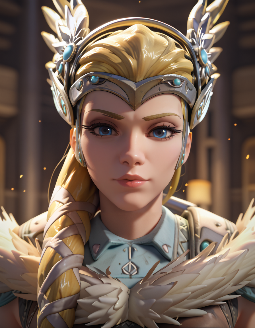 score_9, score_8_up, score_7_up, Masterpiece, high-res, 2k, best quality, 2.5d, 1girl,valkyrie mercy, mercy (overwatch)  <lora:valk_mercy_pony-000043:1> Seductive Sideways Glance: Tilt your head to one side casting a seductive glance towards the camera. This pose hints at mystery and allure.