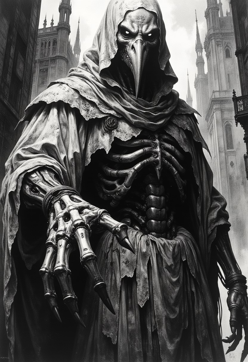 A realistic, black and white photograph of a mechanical creature.
The creature in the image appears to be a towering, sinister figure with a skeletal and mechanical appearance. It has an elongated, bird-like face reminiscent of a plague doctor’s mask, complete with hollow, haunting eyes. Its body is draped in a tattered, hooded cloak with sharp, jagged edges, giving it a ghostly, nightmarish presence.
The creature's limbs are long and clawed, with one hand reaching menacingly forward, featuring elongated, bony fingers tipped with razor-sharp talons. The patchwork nature of its body suggests a fusion of organic and mechanical elements, with exposed stitches, bolts, and metal plating reinforcing its eerie, stitched-together design.
Its posture and stance suggest an overwhelming, almost spectral menace, looming over the viewer. The dark, gothic cityscape in the background further enhances the horror-fantasy atmosphere of the scene.