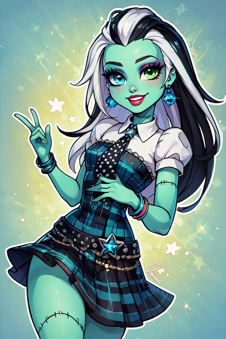 score_9, score_8_up, score_8, medium breasts, (curvy), cute, eyelashes, BREAK, , zzFrankie, heterochromia, blue eyes, green eyes, multicolored hair, teal skin, streaked hair, black hair, white hair, long hair, stitches, jewelry, earrings, makeup, lipstick, plaid dress, skirt, bracelet, <lora:Frankie_MH_PDXL:0.8>, , BREAK, smile, looking at viewer, ,,, abstract background, white outline, cowboy shot, ,,, embedding:zPDXL, Expressiveh, ,,, <lora:CatalystStylePDXL:0.6>, <lora:SDXLFaeTastic2400:0.5>, <lora:Expressive_H-000001:0.4>,