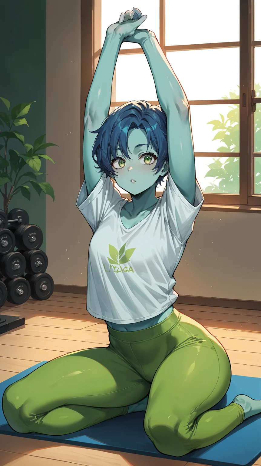 score_9,score_8_up,score_7_up,score_6_up, <lora:xl_more_art-full_v1:0.5>, source_anime, girl, dynamic pose, feminine pose, <lora:Kaoruko Awata (Bubble Girl) - Pony-000004:0.8>, Bubble Girl, short hair, blue hair, teal skin, light green eyes, green yoga pants, oversized t-shirt, loose shirt, gym, yoga, stretching,