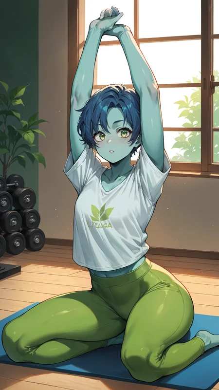 score_9,score_8_up,score_7_up,score_6_up, <lora:xl_more_art-full_v1:0.5>, source_anime, girl, dynamic pose, feminine pose, <lora:Kaoruko Awata (Bubble Girl) - Pony-000004:0.8>, Bubble Girl, short hair, blue hair, teal skin, light green eyes, green yoga pants, oversized t-shirt, loose shirt, gym, yoga, stretching,
