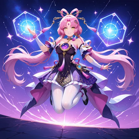 (masterpiece, best quality,perfect face:1.4),highres,illustration,8k,(looking at viewer, collarbone),(hyper-detailed,digital painting,trending on ArtStation,shiny_eyes,sparkling_eyes, smile, jumping:1.2),
(Cyber-fantasy masterpiece 8K:1.4),[astral mage manipulating quantum strings],fractalized stardust forming rail-track patterns,(pulsing neon-blue probability waves:1.5),(entangled photon streams creating holographic matrix:1.3),(quantum tunnel warping spacetime geometry:1.4),(floating Dirac equations glowing cyan:1.1),(nebula particles condensing into crystal shards:1.3),(Schrödinger's cat hologram flickering:1.1),(multilayer refraction through prismatic energy fields:1.4),(background of collapsing star clusters:1.1),cybernetic cel shading with (neon noir lighting:1.3),(temporal displacement trails:1.1),
Fuxuan,1girl,forehead jewel,white pantyhose,solo,pantyhose,pink hair,long hair,twintails,bare shoulders,hair ornament,low twintails,black footwear,detached sleeves,parted bangs,tassel,yellow eyes,dress,hair stick,bow-shaped hair,constellation print,very long hair,black dress,hair rings,tassel hair ornament,jewelry,
cleavage,large breasts,bouncing breasts,outdoors,<lora:aidmaImageUpgrader-v0.3-IL:0.6>,<lora:Fuxuan(IL):0.85>,
